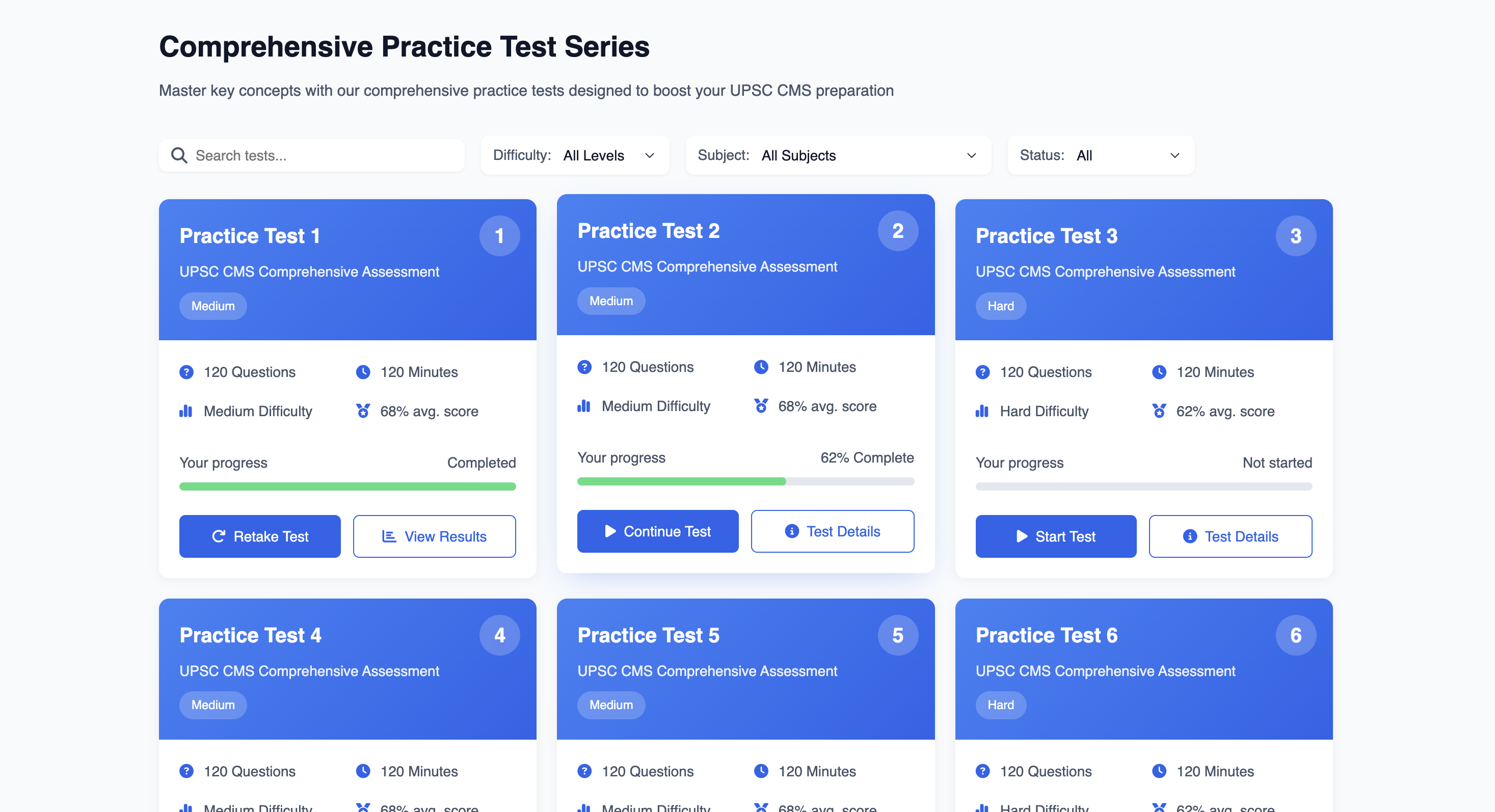 UPSC CMS Comprehensive Test Series showing practice tests with progress tracking